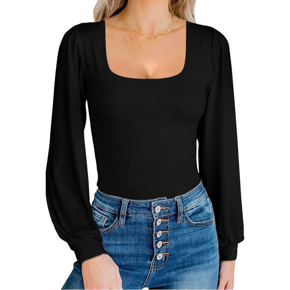 NEW MANGOPOP Square Neck Puff Sleeve Top Bodysuit L